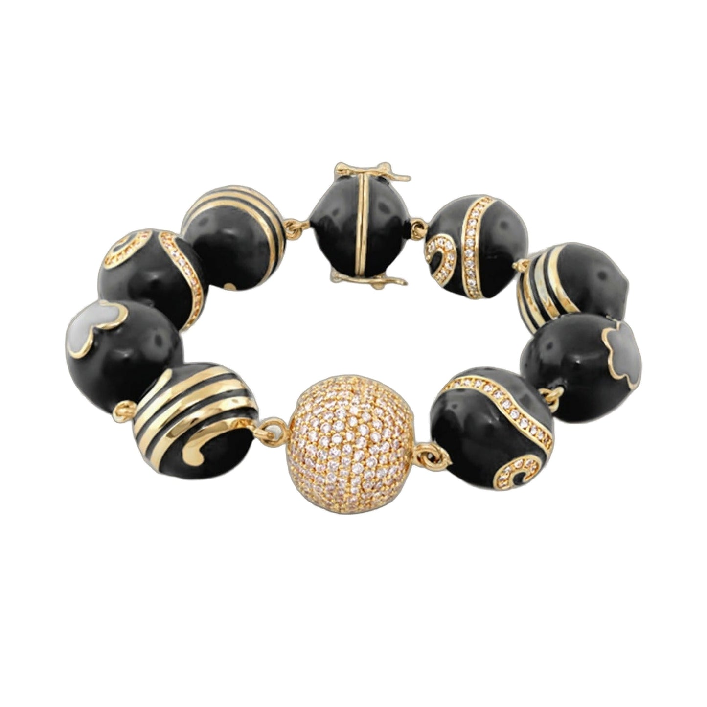 You Neek Ball Bracelet enamel black beads with gold striped bands Lauren G Adams on Tampa Home & Garden Store