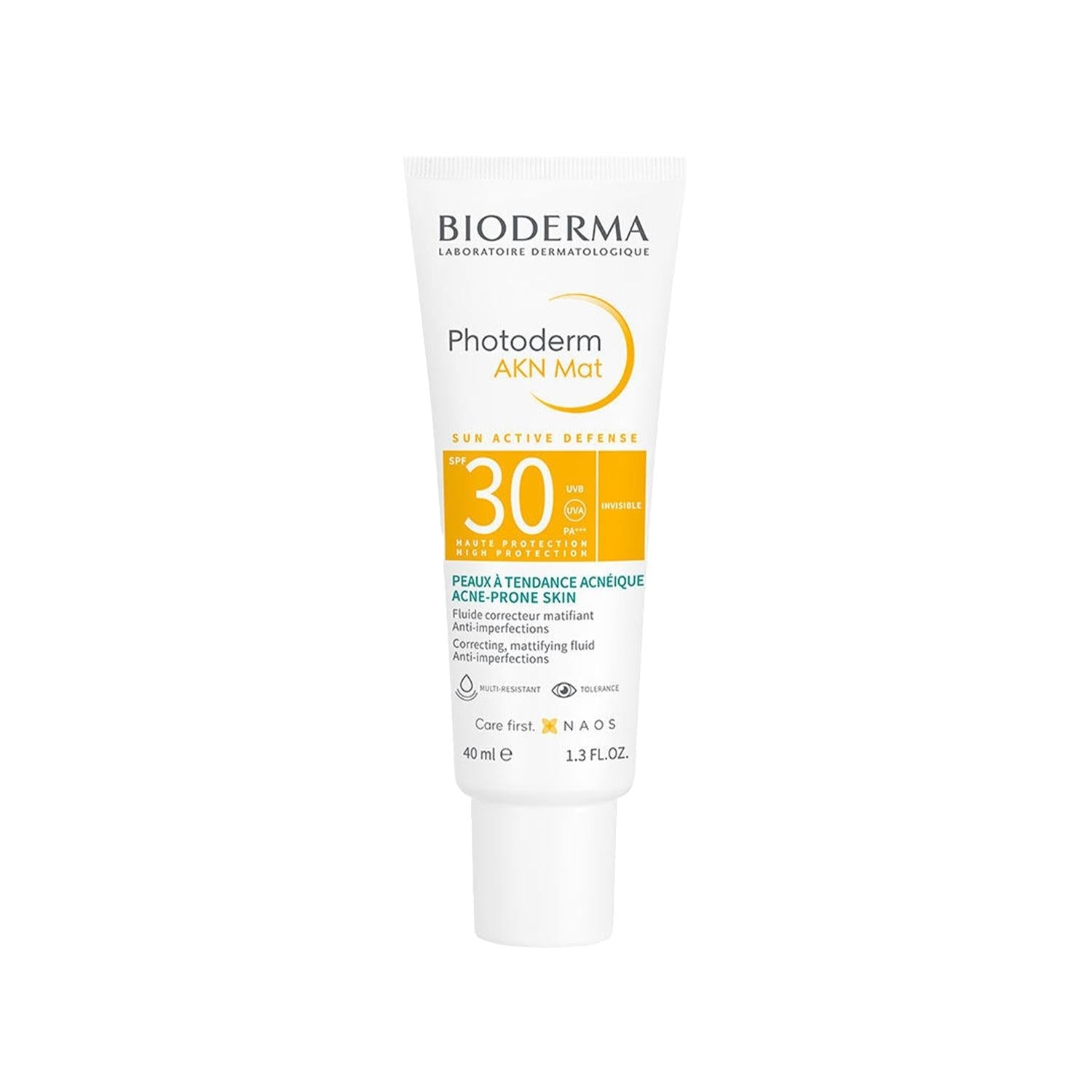 Sunscreen Bioderma Photoderm AKN Mat SPF 30+ tube white with orange label for acne-prone skin on Tampa Home & Garden Store