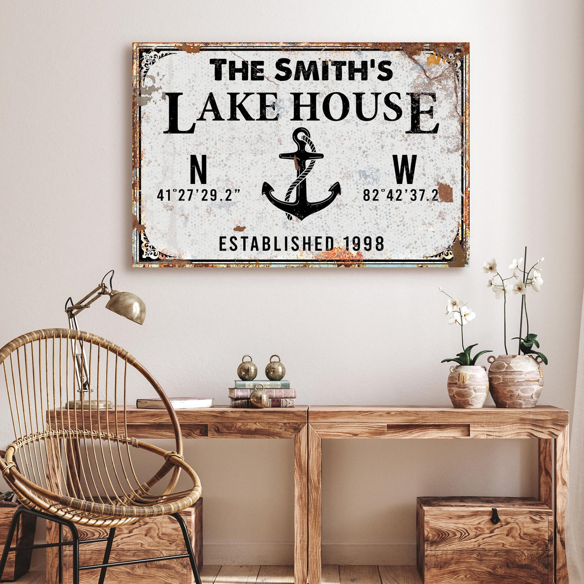 Family Lake House Anchor Sign canvas by Tailored Canvases; distressed white with black lettering on Tampa Home & Garden Store