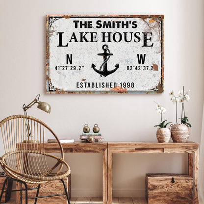 Family Lake House Anchor Sign canvas by Tailored Canvases; distressed white with black lettering on Tampa Home & Garden Store