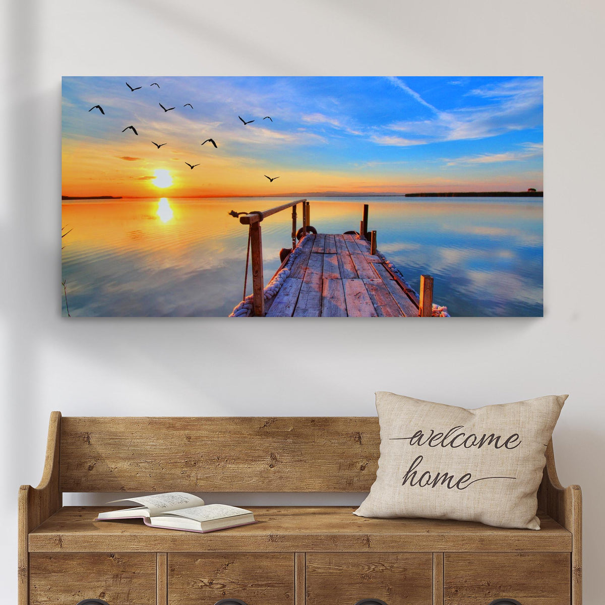 Dock Sunset View Canvas Wall Art by Tailored Canvases, warm sunset colors and wooden dock on Tampa Home & Garden Store