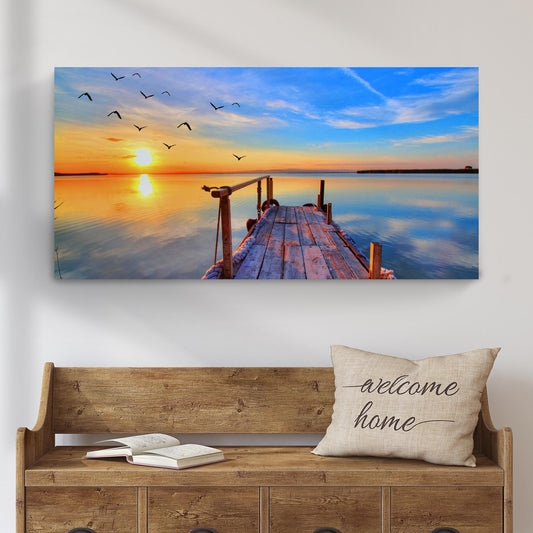 Dock Sunset View Canvas Wall Art by Tailored Canvases, warm sunset colors and wooden dock on Tampa Home & Garden Store