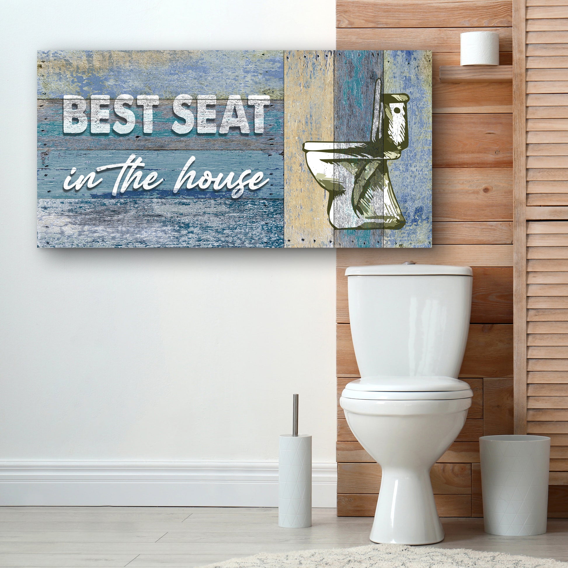Best Seat In The House Toilet Sign II canvas by Tailored Canvases with distressed blue wood on Tampa Home & Garden Store