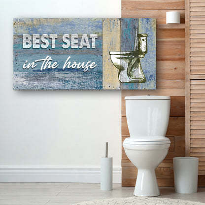 Best Seat In The House Toilet Sign II canvas by Tailored Canvases with distressed blue wood on Tampa Home & Garden Store