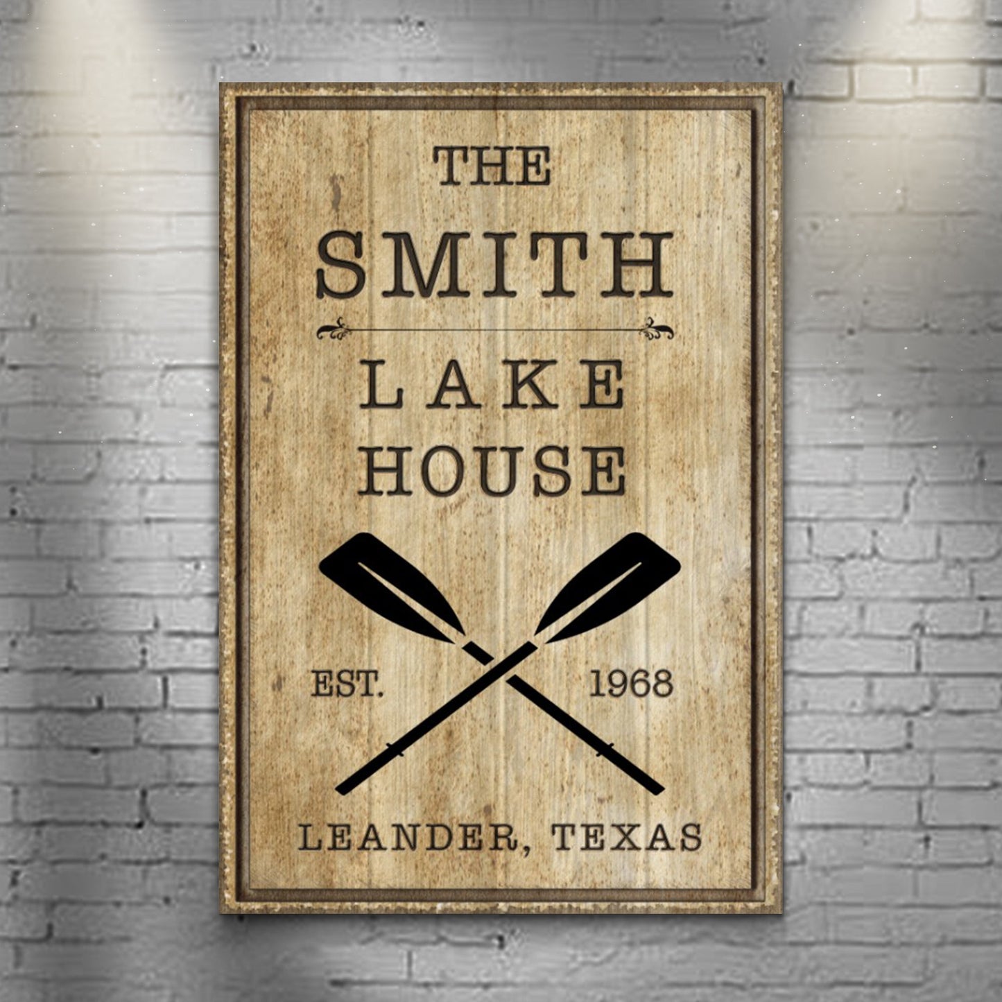 Family Lake House Rustic Sign II canvas with wood grain THE SMITH LAKE and crossed oars on Tampa Home & Garden Store