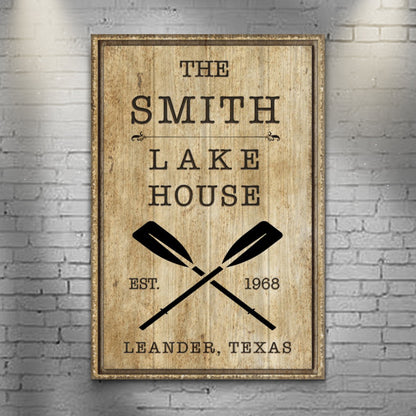 Family Lake House Rustic Sign II canvas with wood grain THE SMITH LAKE and crossed oars on Tampa Home & Garden Store
