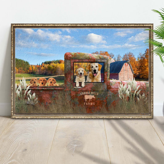 Pet Family Farm Name Sign canvas with a rustic red truck and many dogs on Tampa Home & Garden Store