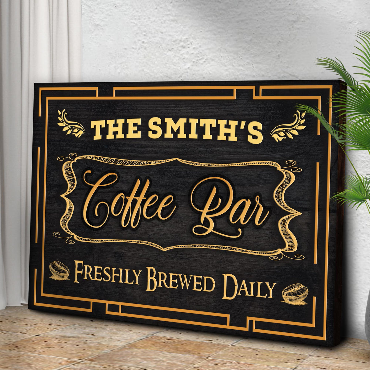 Coffee Bar canvas sign with gold ornate border on a black chalkboard background on Tampa Home & Garden Store
