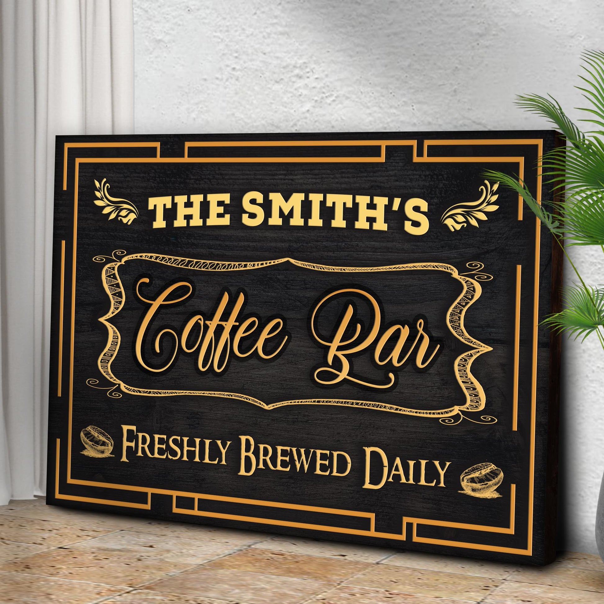 Coffee Bar canvas sign with gold ornate border on a black chalkboard background on Tampa Home & Garden Store
