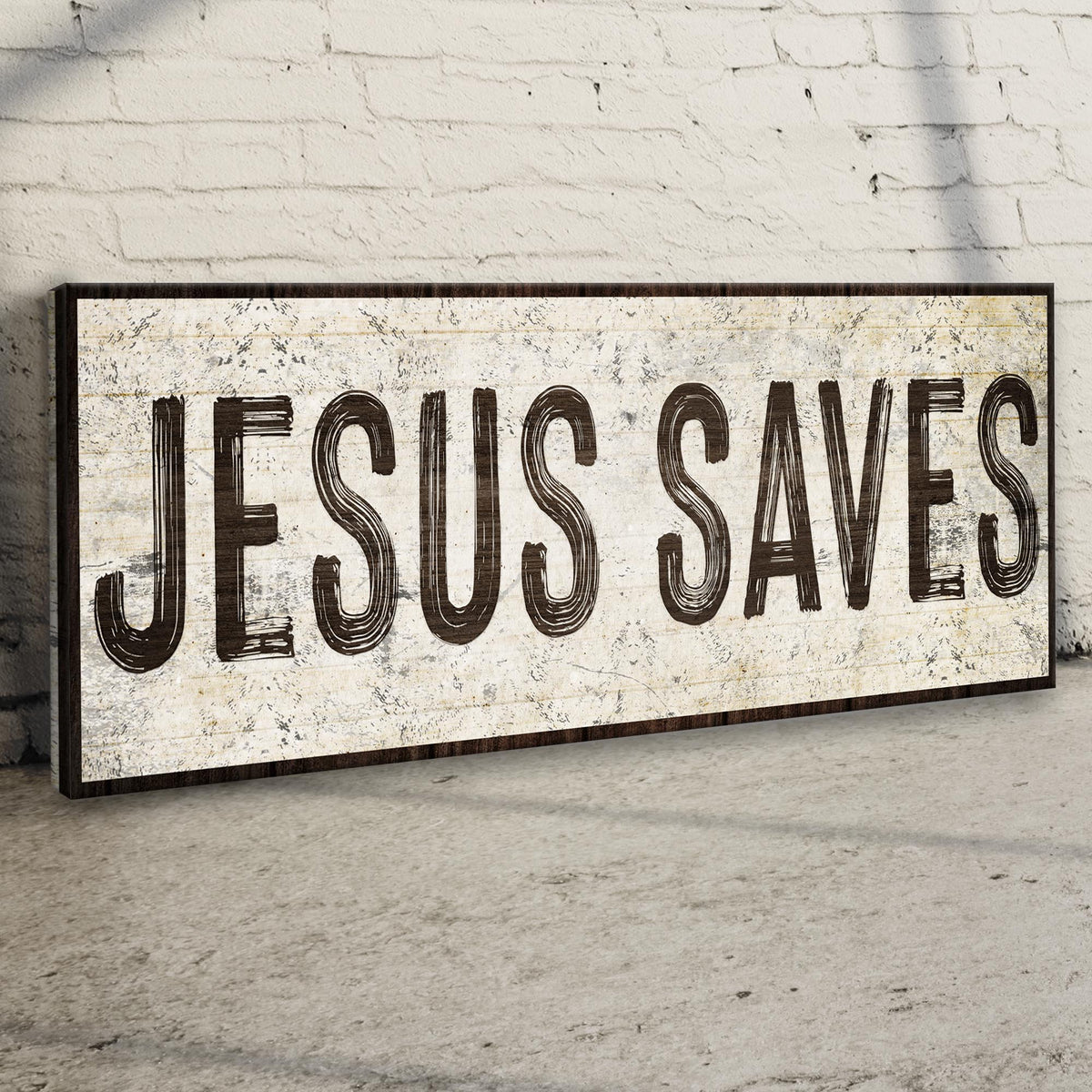 Jesus Saves Sign lll canvas craft with wood frame and distressed lettering Tailored Canvases on Tampa Home & Garden Store