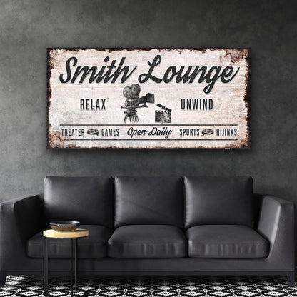 Relax Unwind Theatre Lounge Sign canvas by Tailored Canvases, distressed cream with black script on Tampa Home & Garden Store