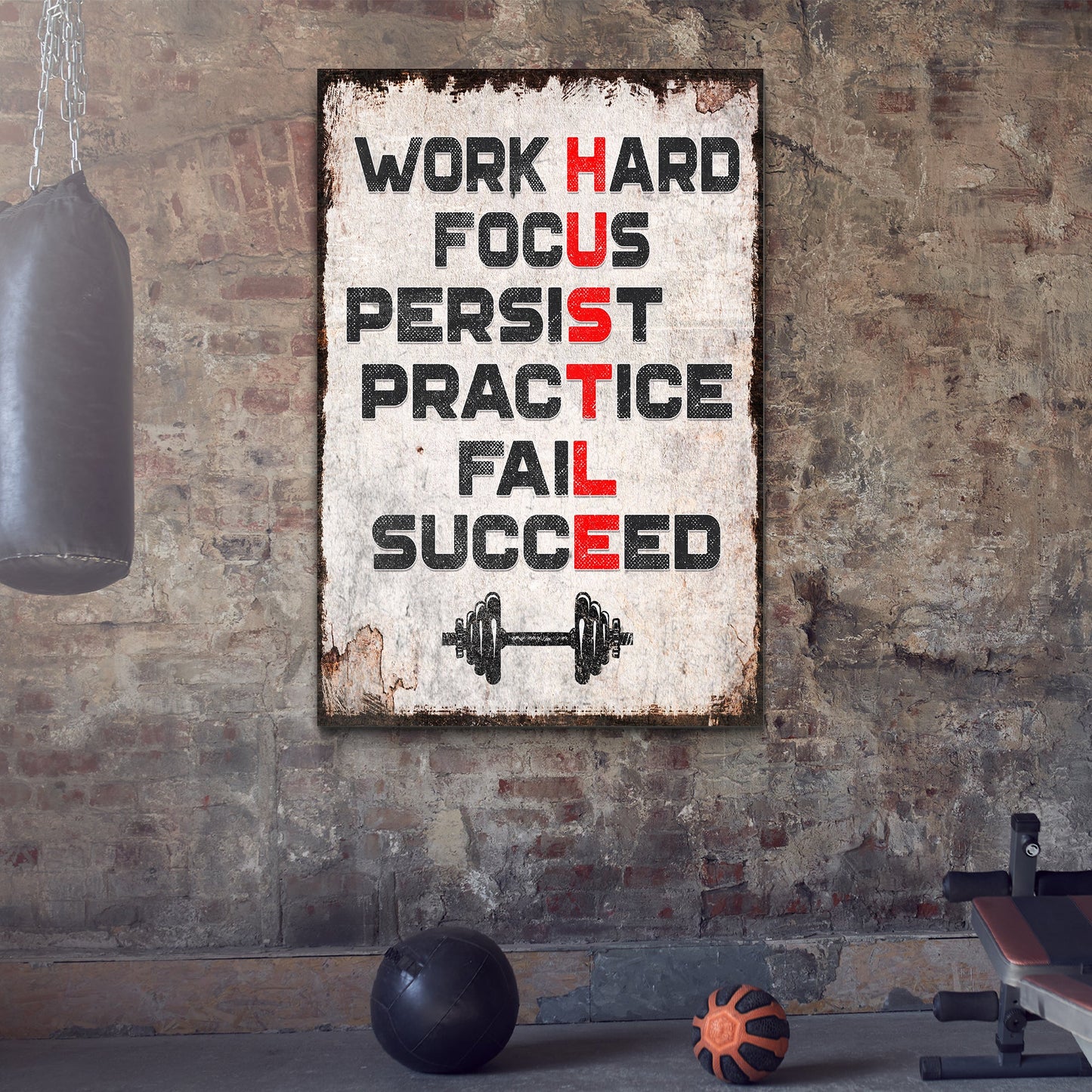 HUSTLE Motivational Portrait Sign II canvas by Tailored Canvases, bold black/red typography on Tampa Home & Garden Store
