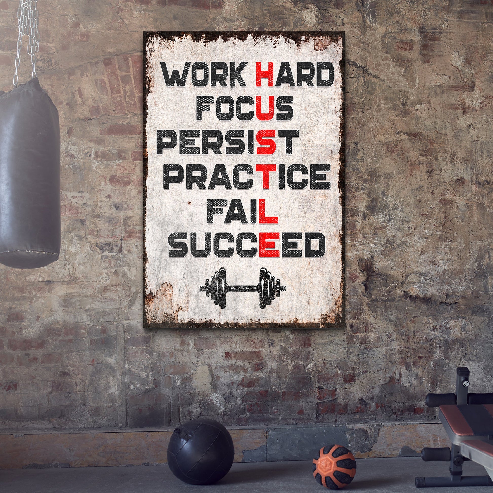 HUSTLE Motivational Portrait Sign II canvas by Tailored Canvases, bold black/red typography on Tampa Home & Garden Store