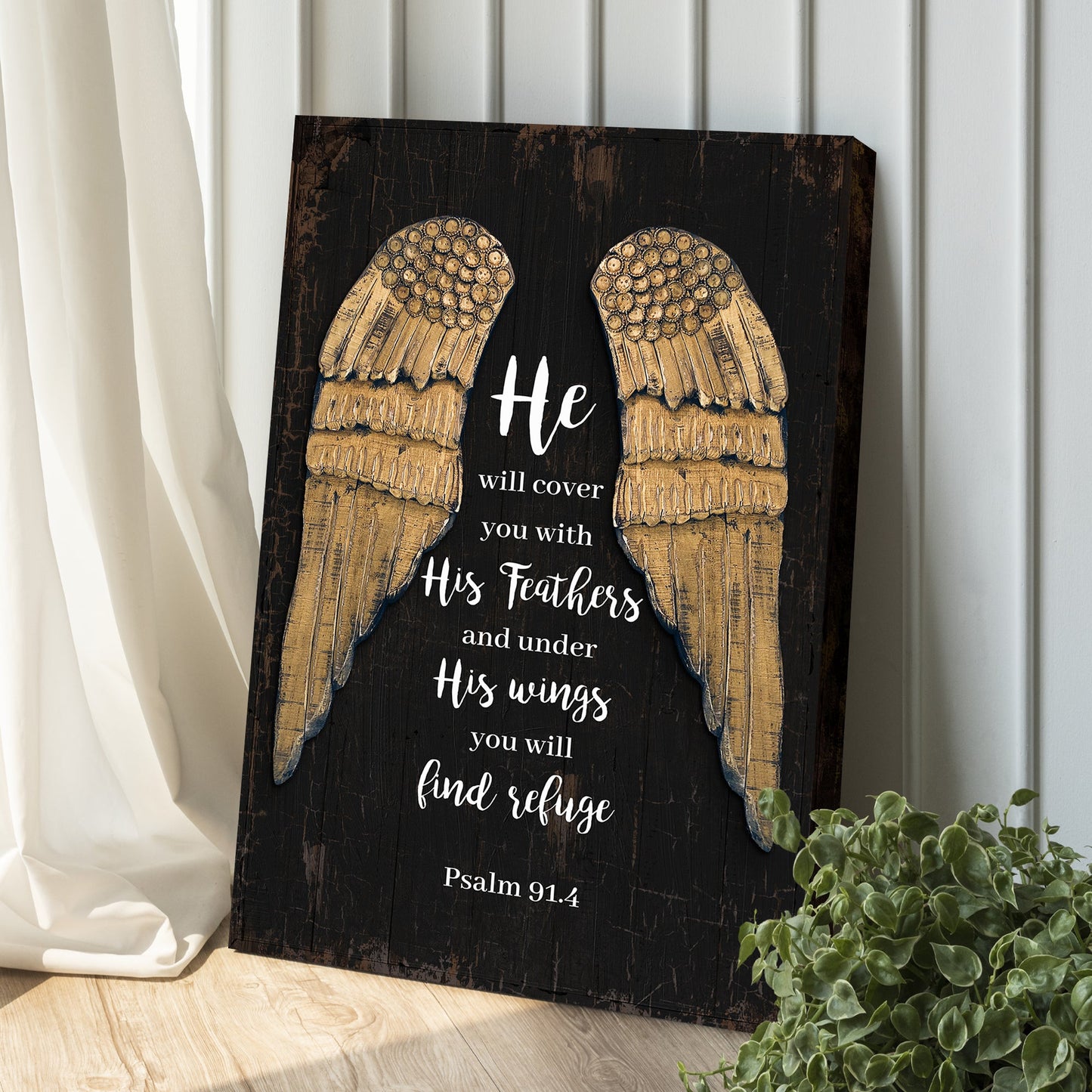 Canvas sign Psalm 91:4 He Will Cover You With His Feathers, golden wings on dark wood on Tampa Home & Garden Store