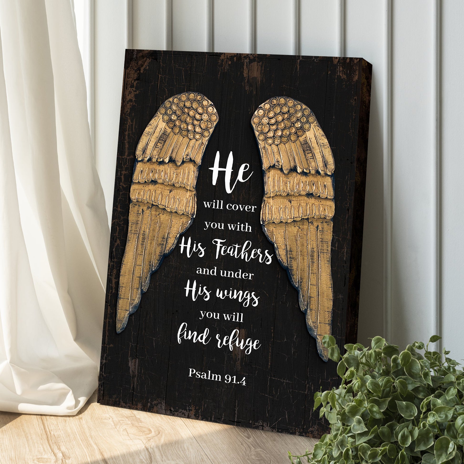 Canvas sign Psalm 91:4 He Will Cover You With His Feathers, golden wings on dark wood on Tampa Home & Garden Store