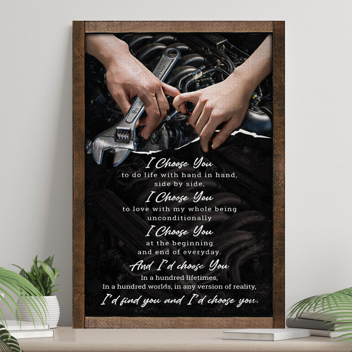 I'd Find You And I'd Choose You couple sign canvas by Tailored Canvases, rustic brown frame with black background and white script on Tampa Home & Garden Store