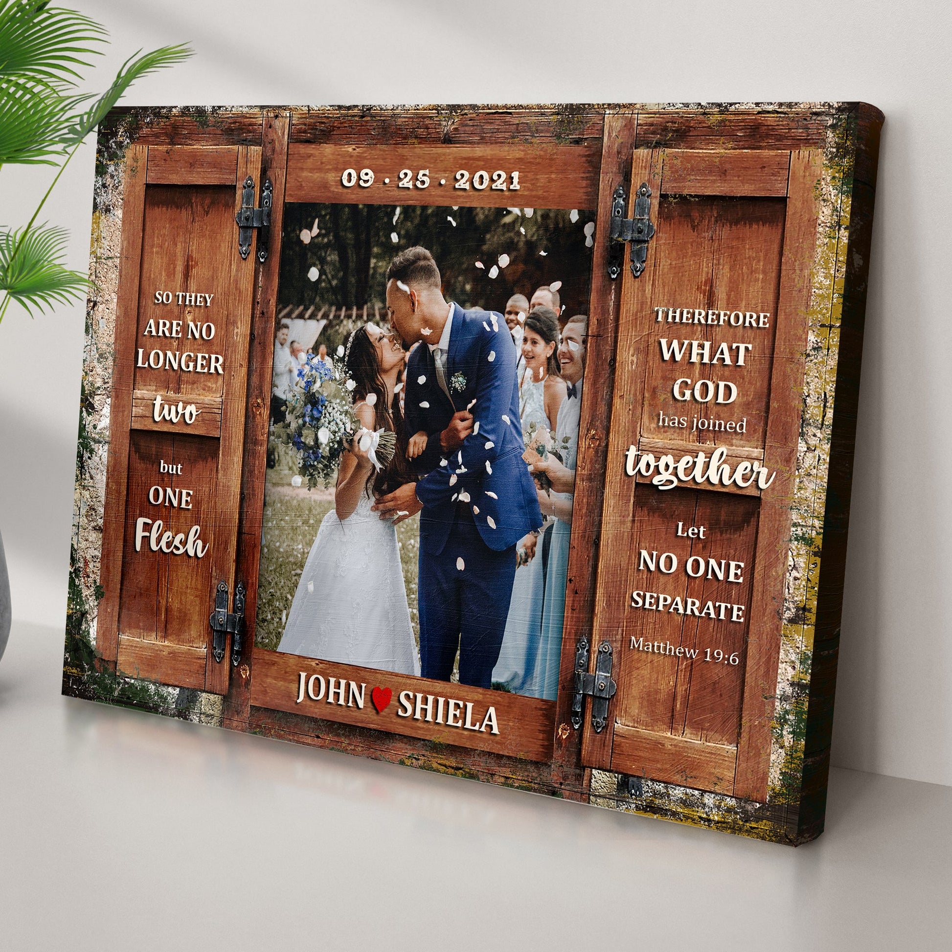 Canvas by Tailored Canvases canvas with rustic wooden door frame wedding scene and Matthew 19:6 on Tampa Home & Garden Store