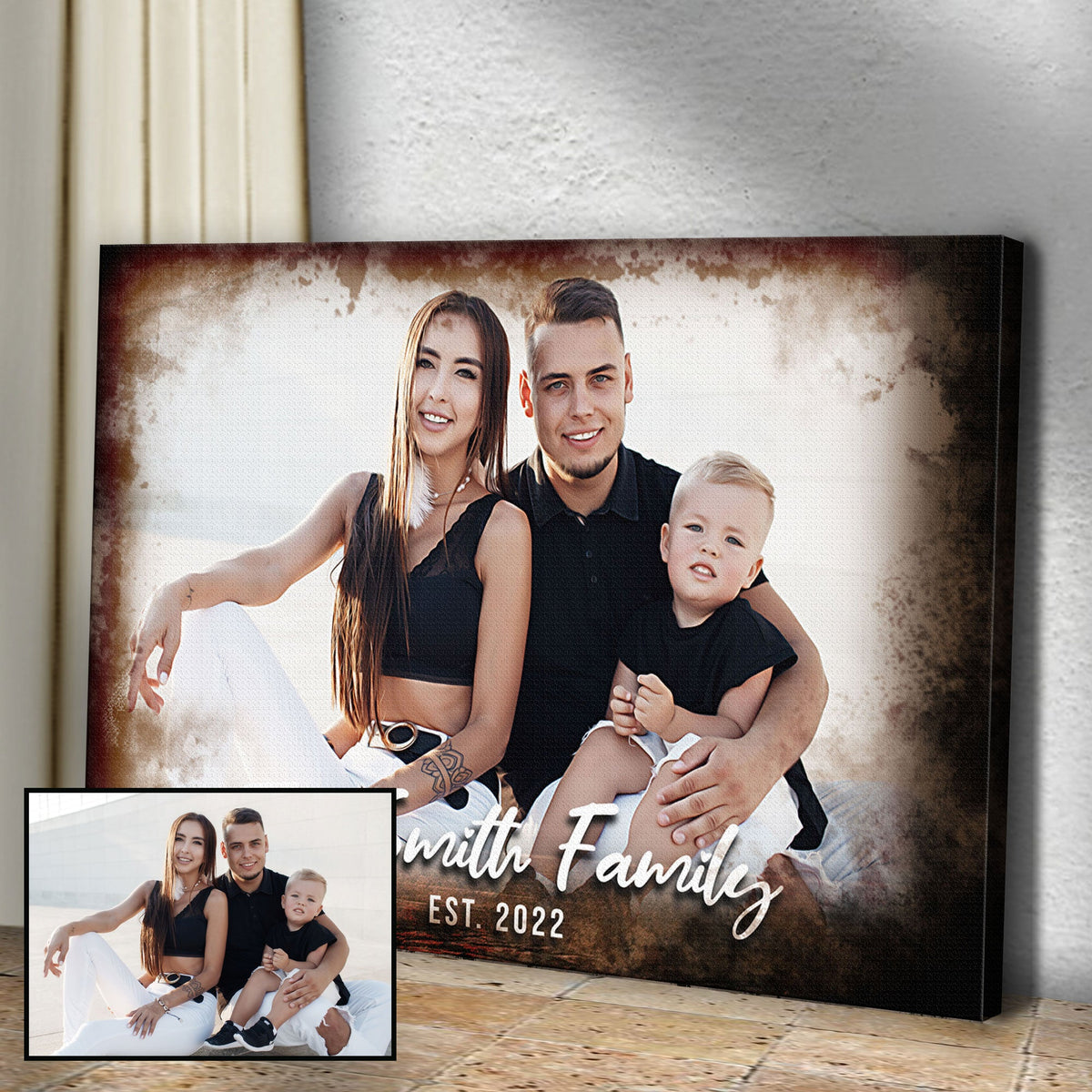 Canvas Family Portrait On Wood Sign by Tailored Canvases with a warm brown bordered family photo on Tampa Home & Garden Store