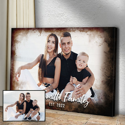 Canvas Family Portrait On Wood Sign by Tailored Canvases with a warm brown bordered family photo on Tampa Home & Garden Store