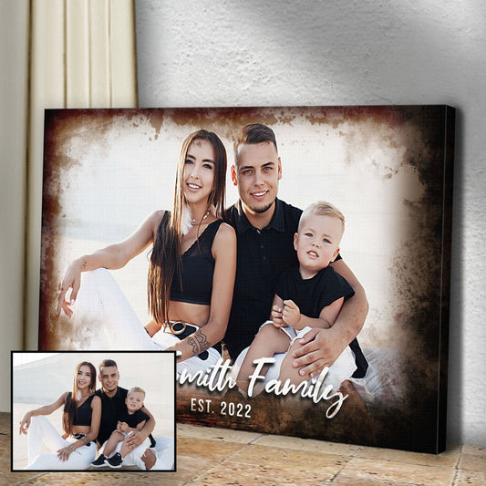 Canvas Family Portrait On Wood Sign by Tailored Canvases with a warm brown bordered family photo on Tampa Home & Garden Store