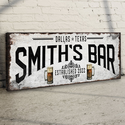 Rustic Bar Sign II canvas by Tailored Canvases with bold black text and beer mug Dallas Texas on Tampa Home & Garden Store