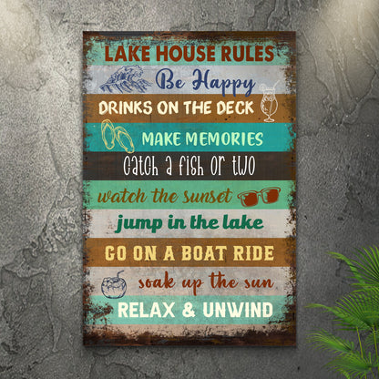 Lake House Rules Sign III canvas Tailored Canvases; distressed wood panel in teal and brown on Tampa Home & Garden Store