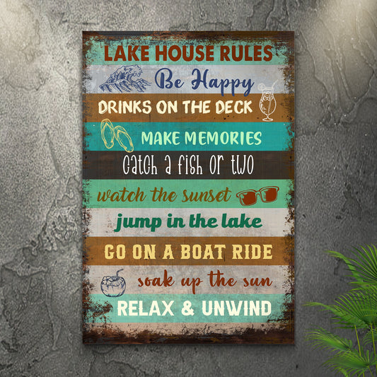 Lake House Rules Sign III canvas Tailored Canvases; distressed wood panel in teal and brown on Tampa Home & Garden Store