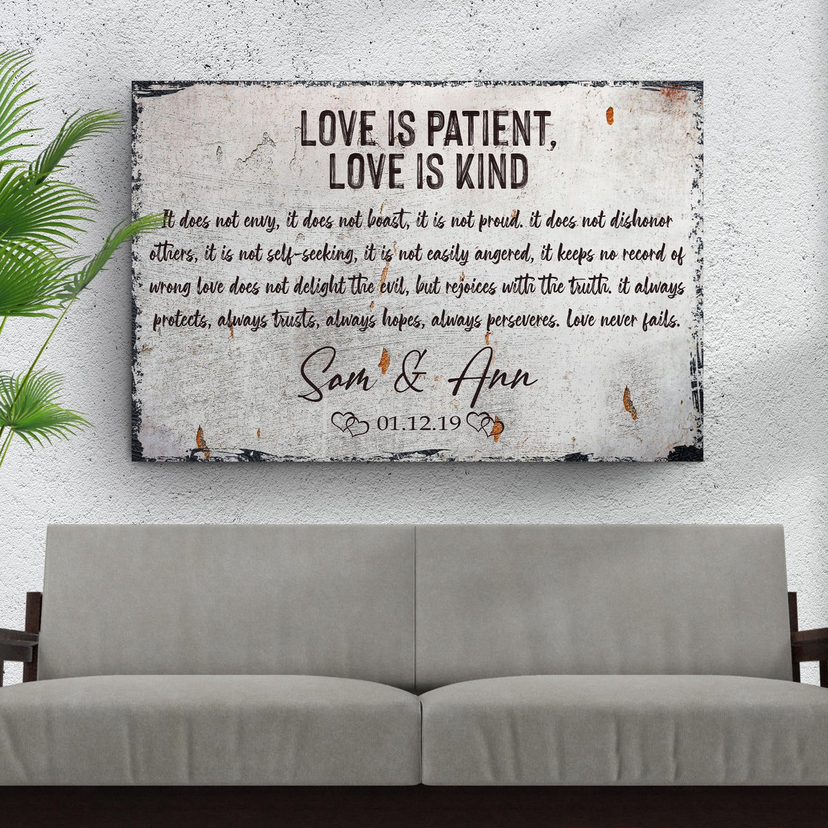 Love Is Patient, Love Is Kind Sign canvas by Tailored Canvases; rustic sign with black script on Tampa Home & Garden Store