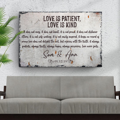 Love Is Patient, Love Is Kind Sign canvas by Tailored Canvases; rustic sign with black script on Tampa Home & Garden Store