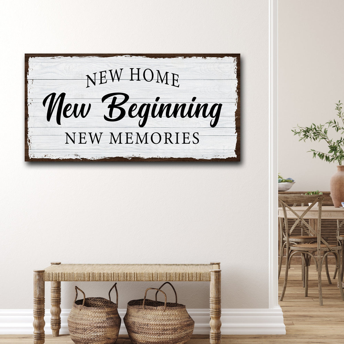 New Home Sign canvas art with rustic whitewashed wood planks and black script text on Tampa Home & Garden Store