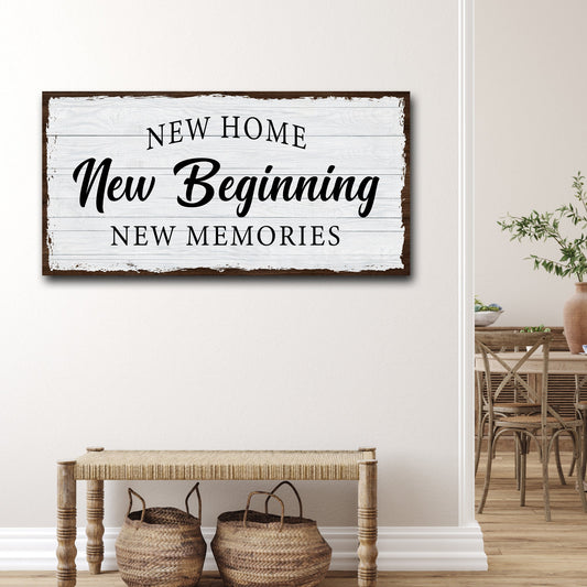 New Home Sign canvas art with rustic whitewashed wood planks and black script text on Tampa Home & Garden Store
