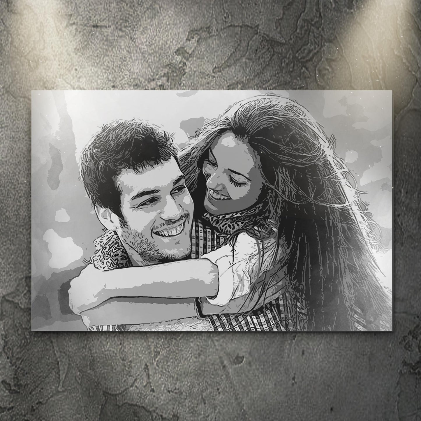 Couple Charcoal Portrait Sign canvas with grayscale portrait of a hugging couple on Tampa Home & Garden Store