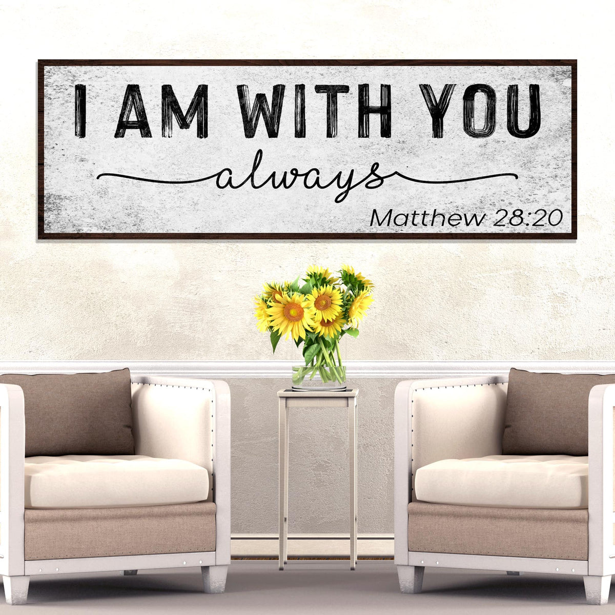 Matthew 28:20 I Am With You Always Sign III canvas with gray texture and wood frame on Tampa Home & Garden Store
