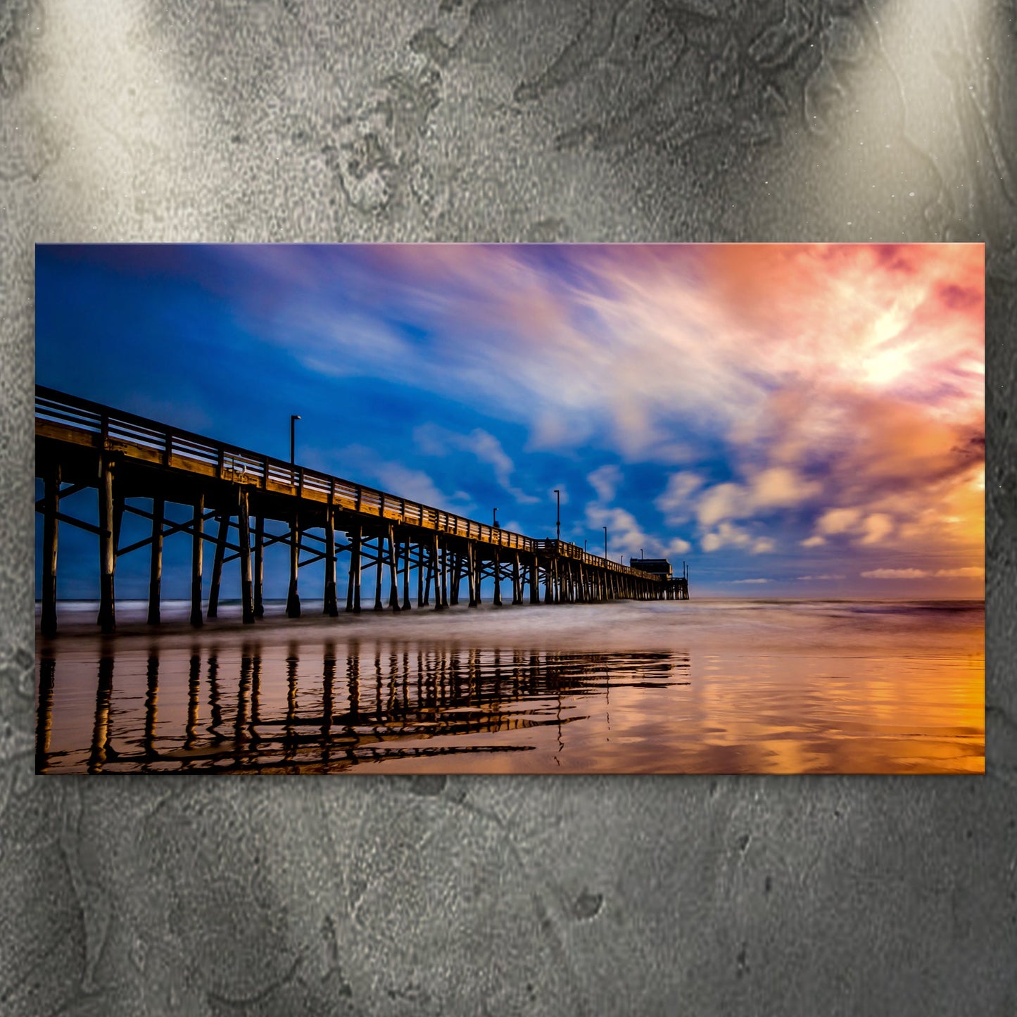 Beach Pier & Ocean Horizon canvas wall art by Tailored Canvases, sunset colors over a wooden pier on Tampa Home & Garden Store
