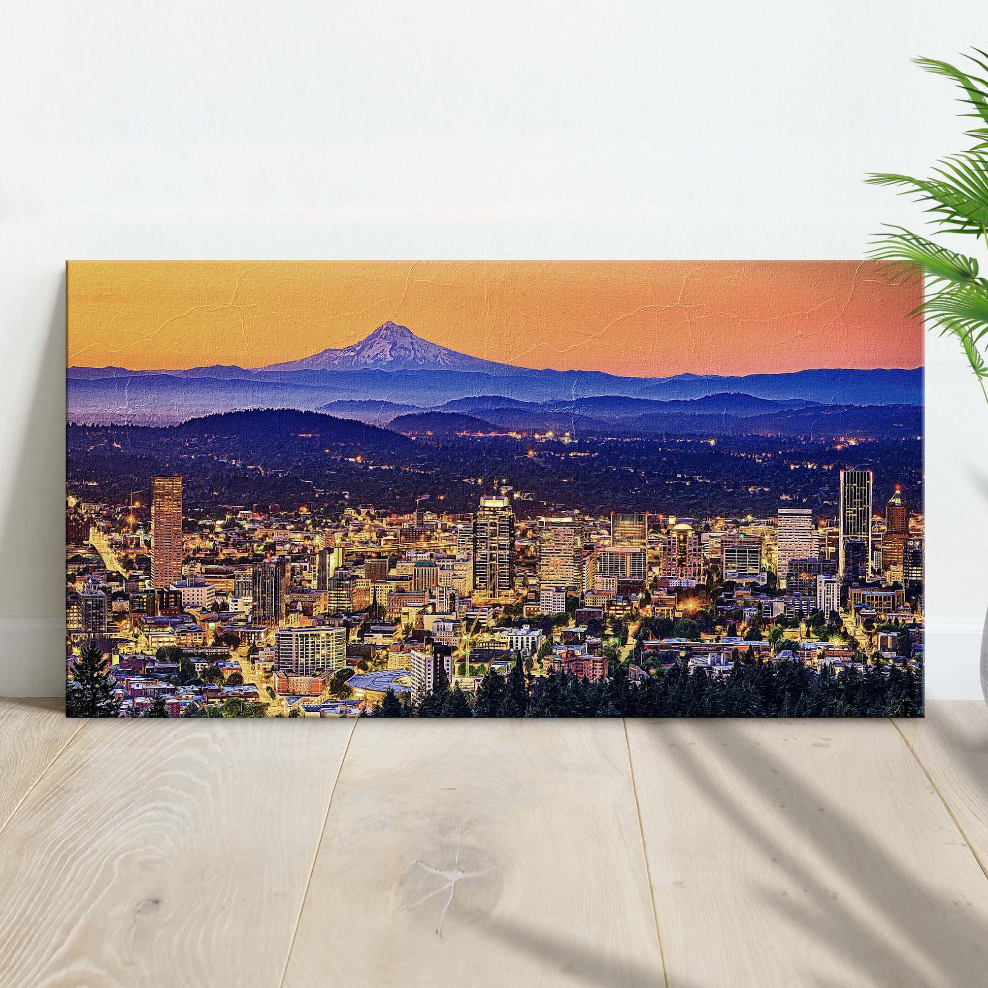 Portland Oregon Skyline Canvas by Tailored Canvases, city with mountain silhouette on Tampa Home & Garden Store