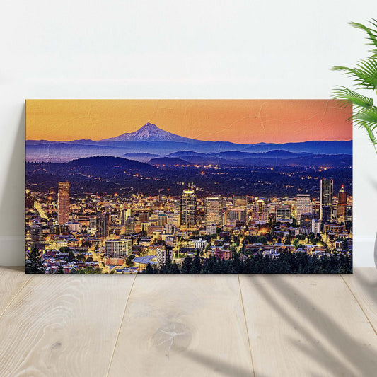 Portland Oregon Skyline Canvas by Tailored Canvases, city with mountain silhouette on Tampa Home & Garden Store
