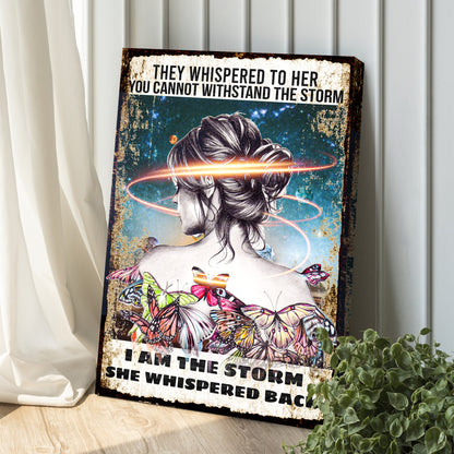 I Am The Storm Sign II canvas by Tailored Canvases with aged border and butterfly art on Tampa Home & Garden Store