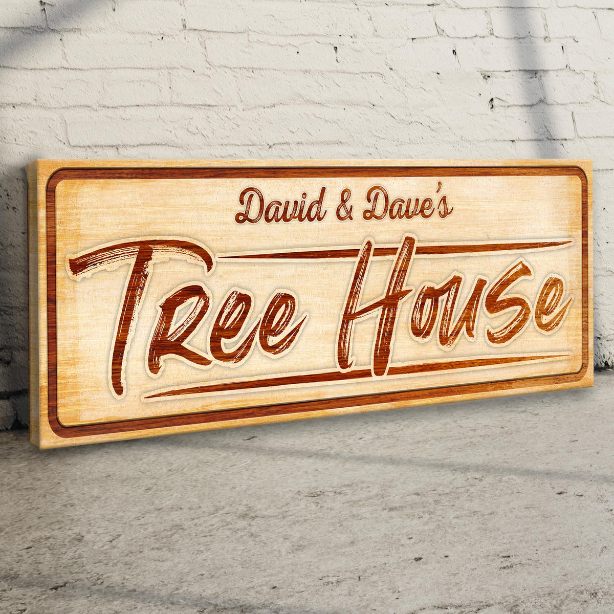 Canvas sign print of rustic wood panel with David & Dave's brown script by Tailored Canvases on Tampa Home & Garden Store
