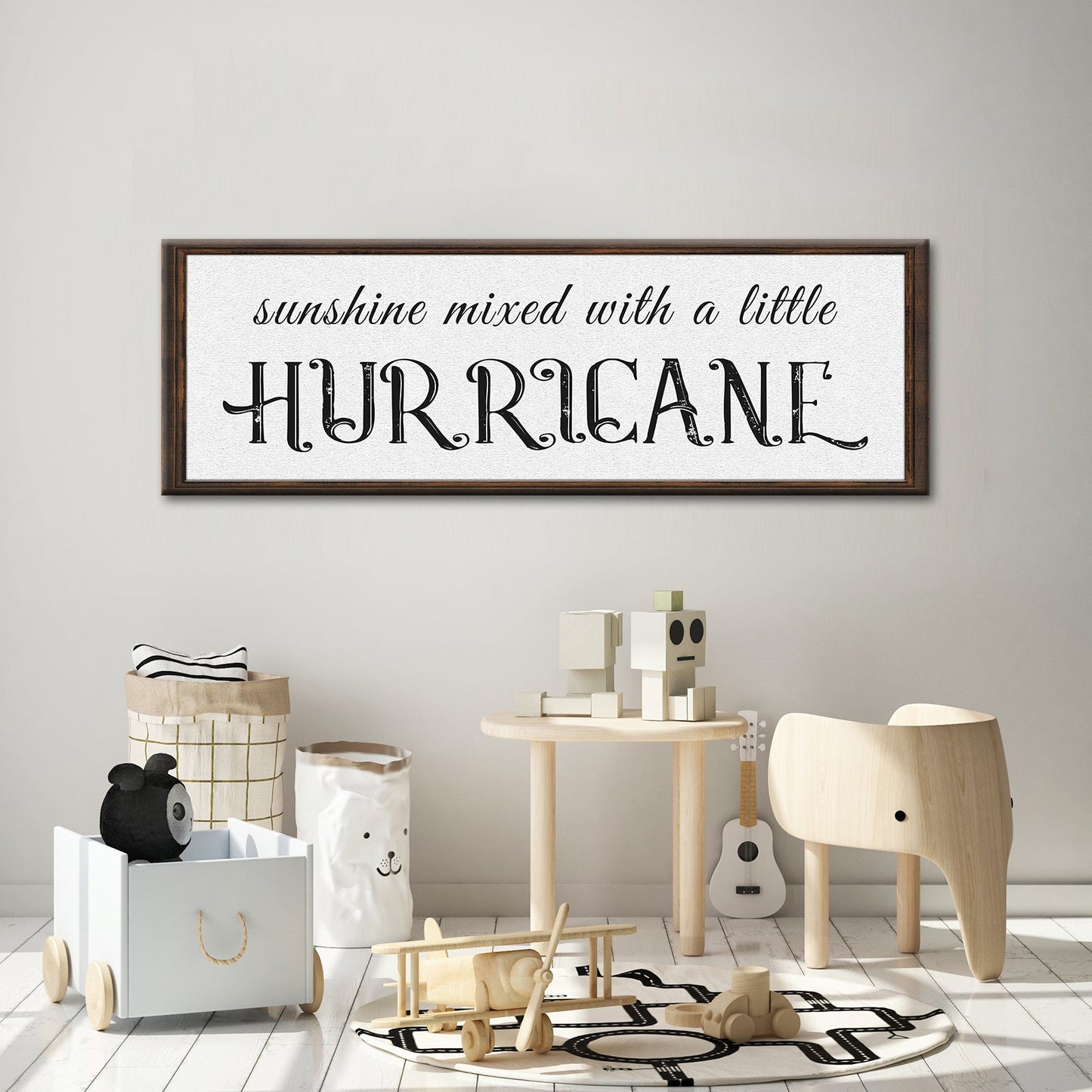 Sunshine Mixed With A Little Hurricane Sign II canvas with wood frame, black script on white on Tampa Home & Garden Store
