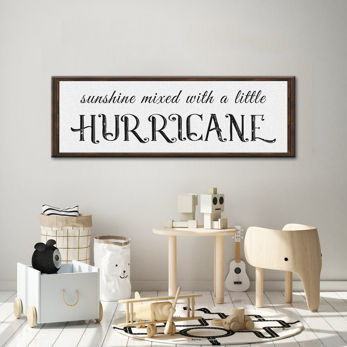 Sunshine Mixed With A Little Hurricane Sign II canvas with wood frame, black script on white on Tampa Home & Garden Store
