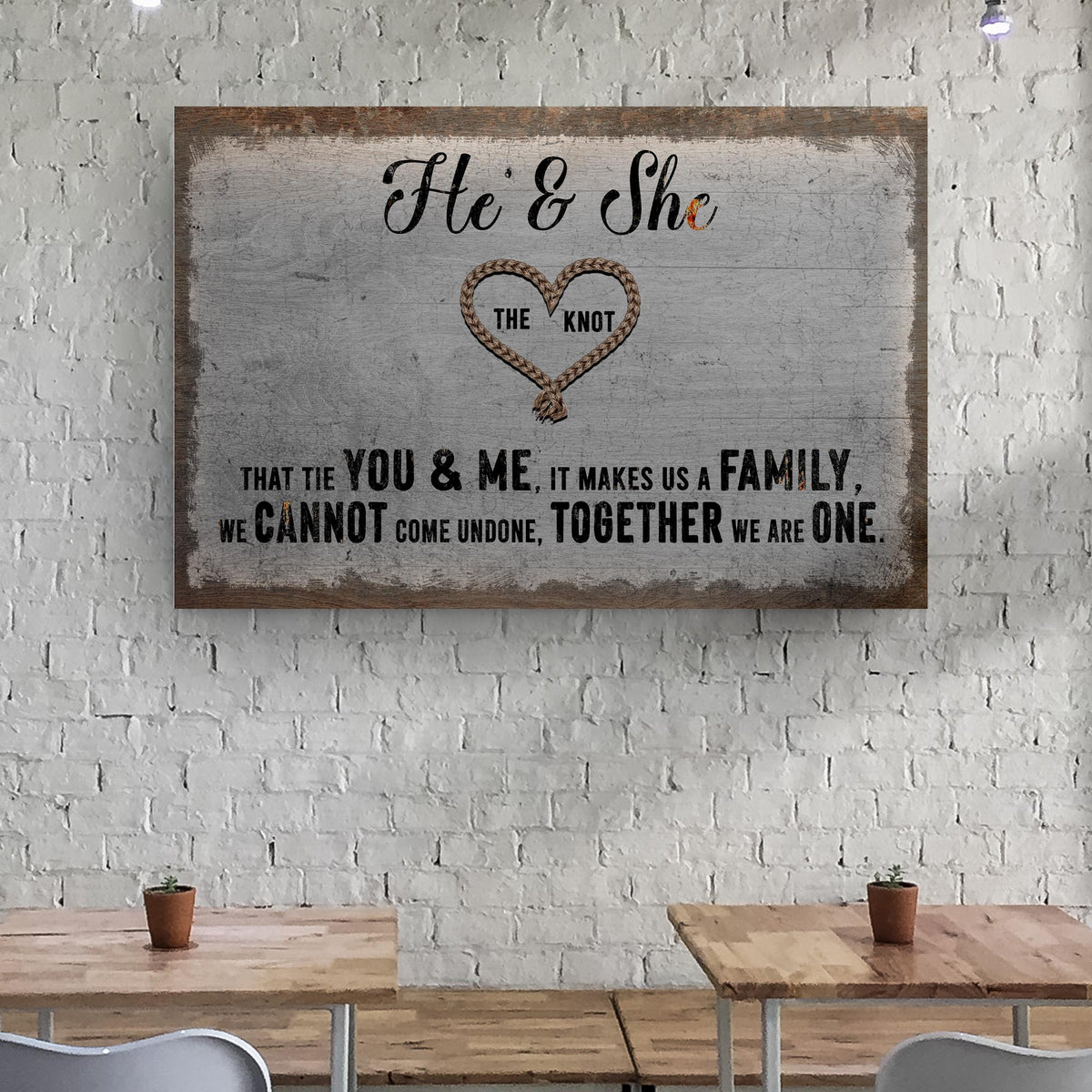 He And She You And Me Together Sign canvas art with rope heart motif and wood background on Tampa Home & Garden Store