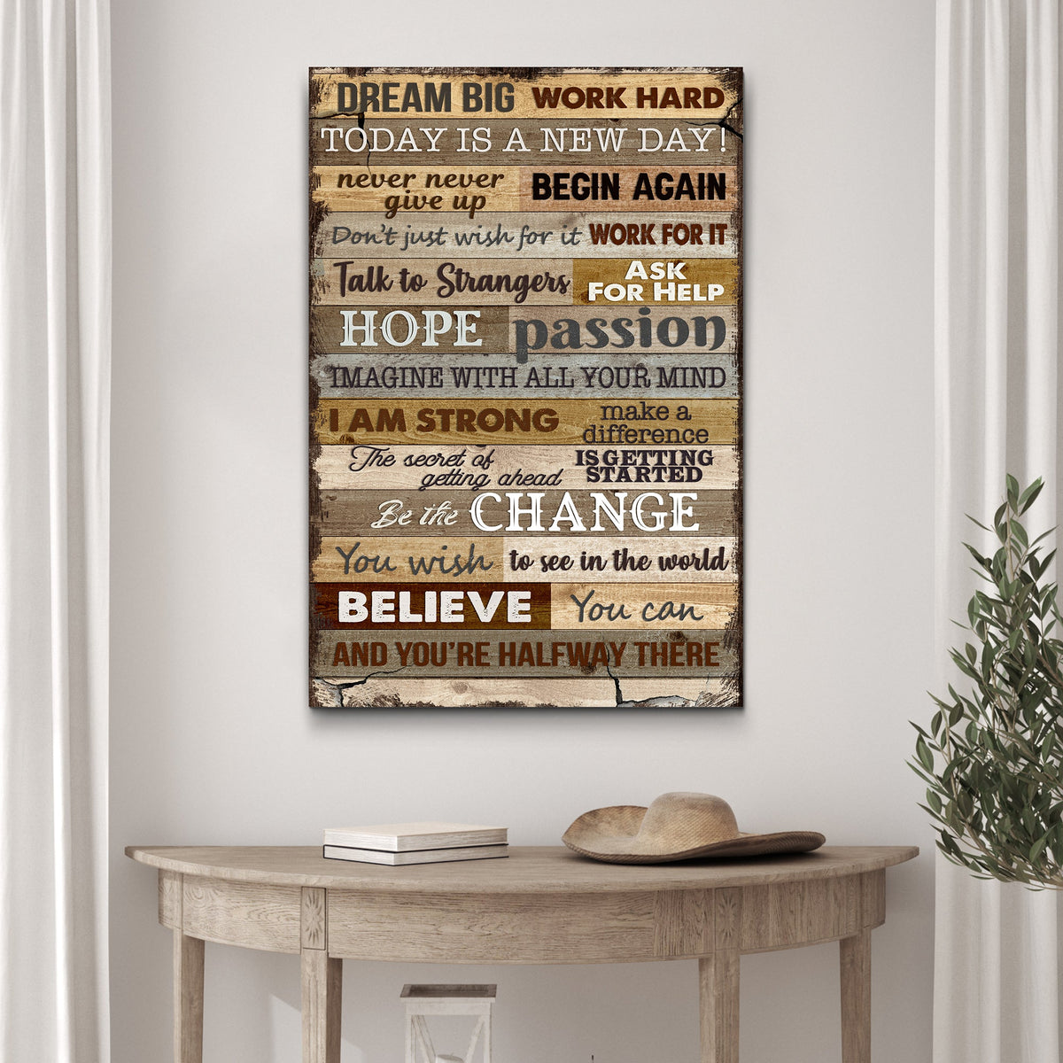 Canvas Dream Big Work Hard motivation sign by Tailored Canvases; rustic wood planks on Tampa Home & Garden Store
