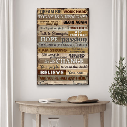 Canvas Dream Big Work Hard motivation sign by Tailored Canvases; rustic wood planks on Tampa Home & Garden Store