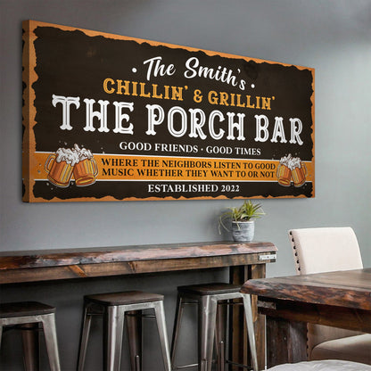 Family Porch Bar Sign canvas by Tailored Canvases, brown/orange craft canvas with two mugs on Tampa Home & Garden Store