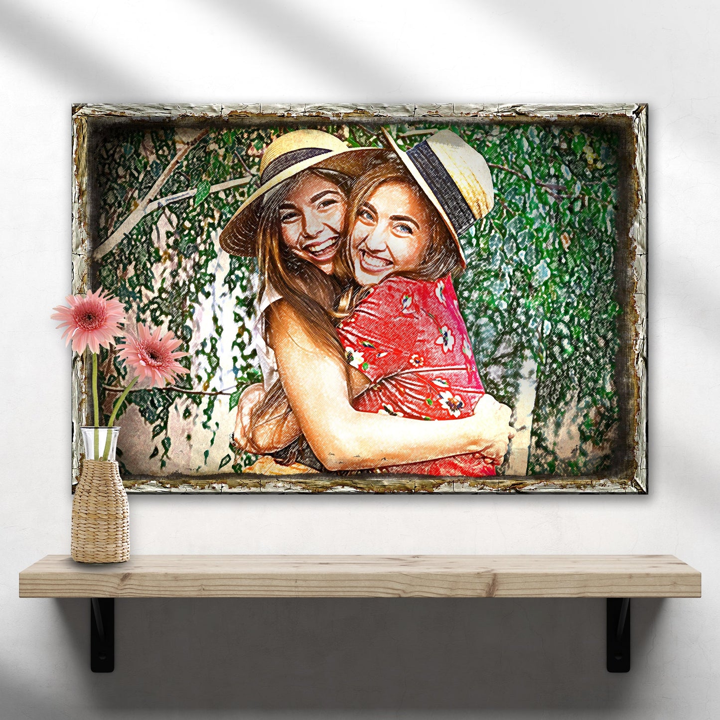 Portrait Minimalist Sign canvas by Tailored Canvases featuring two women in hats amid greenery on Tampa Home & Garden Store