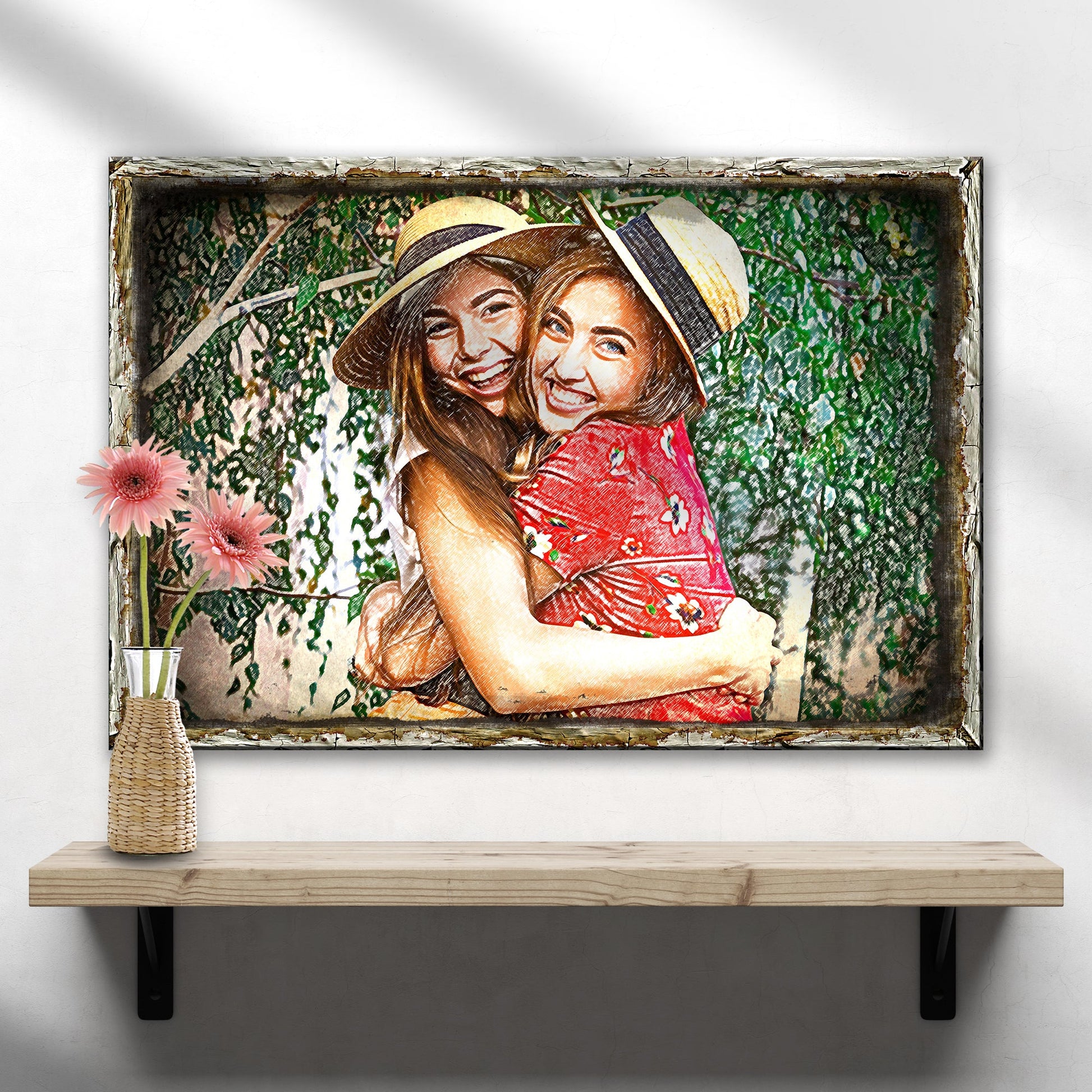 Portrait Minimalist Sign canvas by Tailored Canvases featuring two women in hats amid greenery on Tampa Home & Garden Store