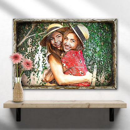 Portrait Minimalist Sign canvas by Tailored Canvases featuring two women in hats amid greenery on Tampa Home & Garden Store