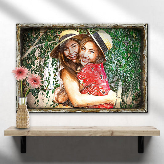 Portrait Minimalist Sign canvas by Tailored Canvases featuring two women in hats amid greenery on Tampa Home & Garden Store