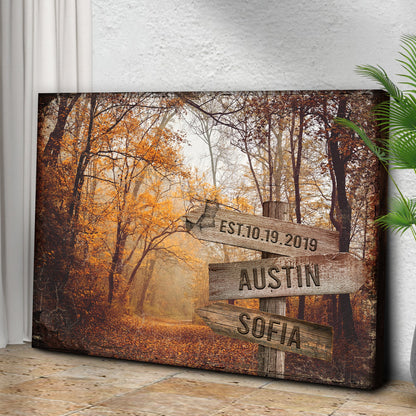 Autumn Road Couple Name Sign canvas by Tailored Canvases with forest scene and plaque on Tampa Home & Garden Store