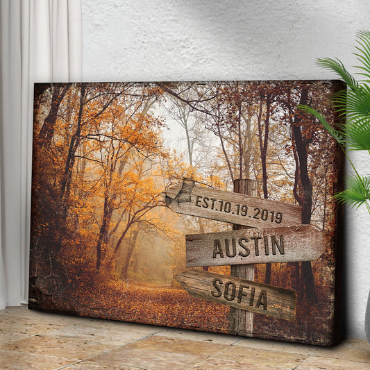 Autumn Road Couple Name Sign canvas by Tailored Canvases with forest scene and plaque on Tampa Home & Garden Store